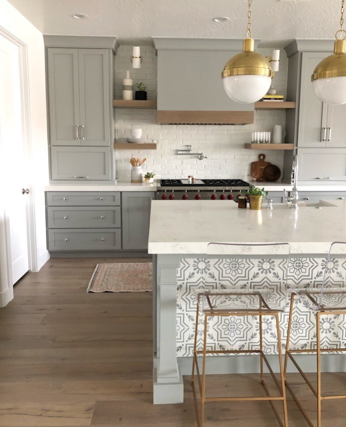 Patterned tile on kitchen island base